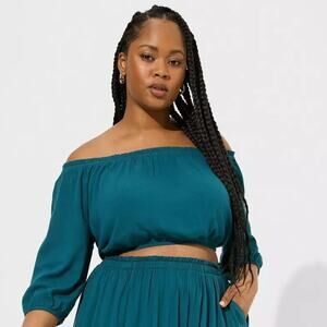 Torrid Off The Shoulder Slub Rayon Blouse Top NEW Size 2X Gulf Coast Blue Green